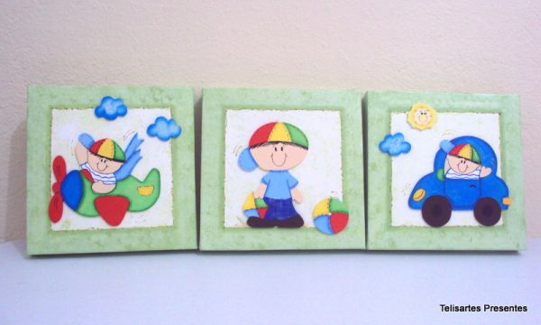 Trio de quadros meninos verde